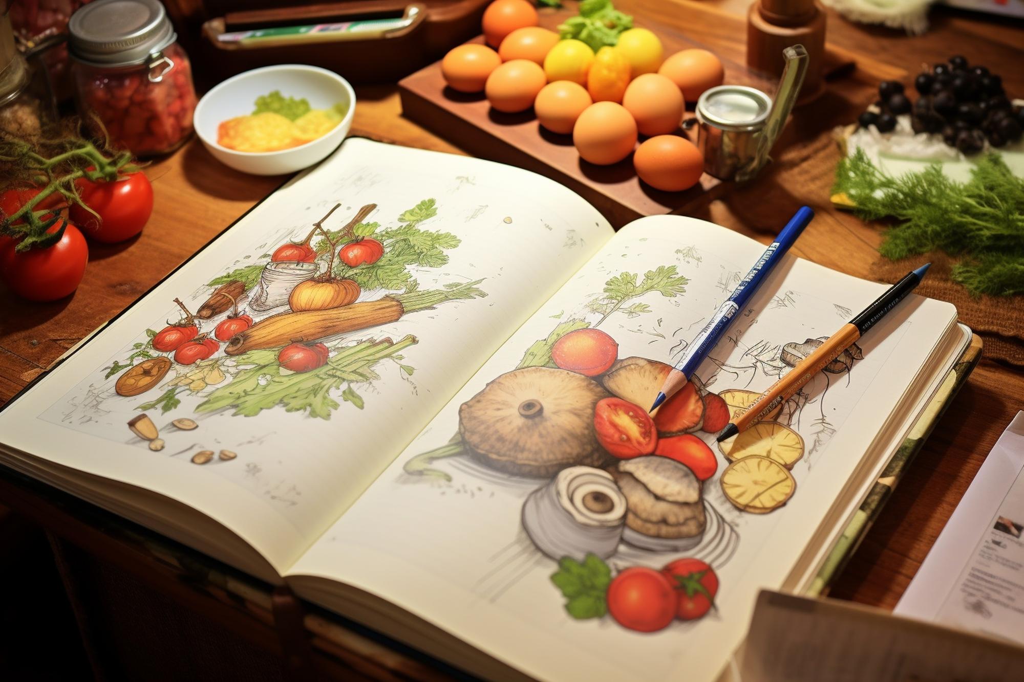 Menu development sketch with ingredients